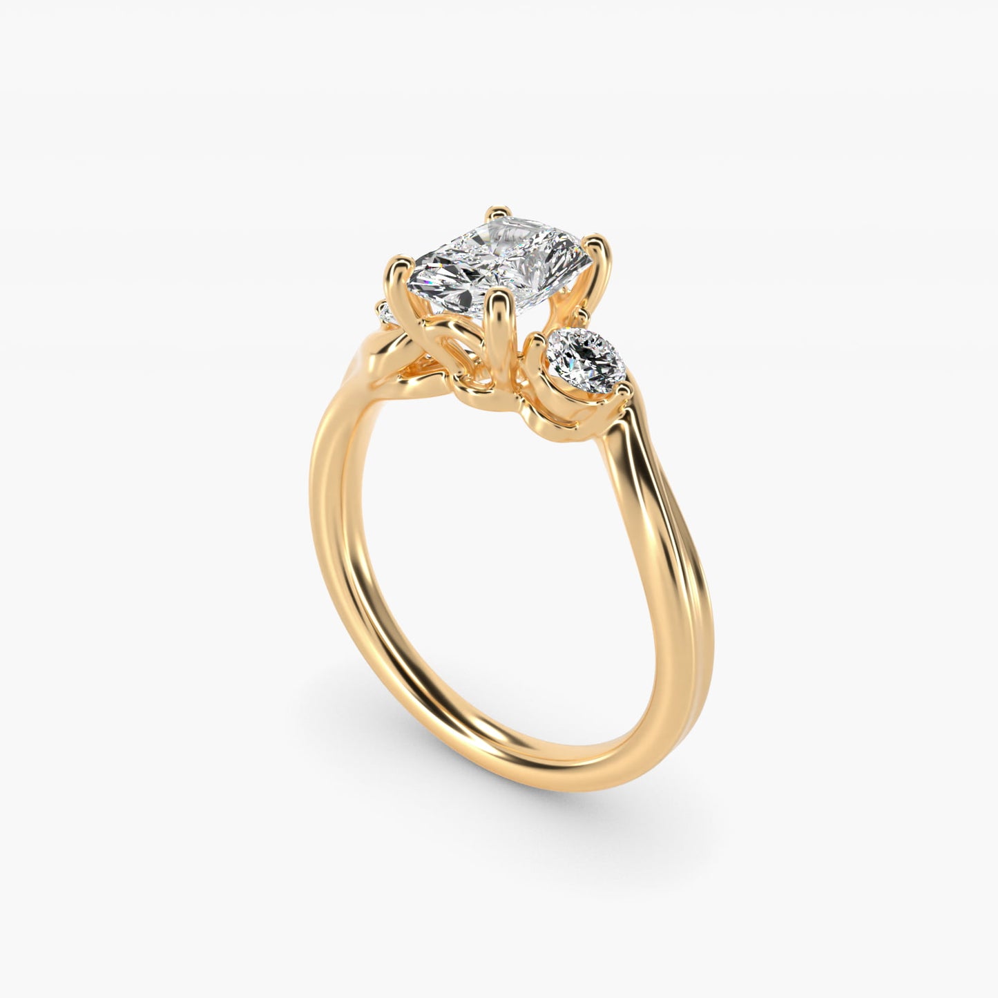 Wrapped Shank Three Stone Diamond Engagement Ring in 14k Yellow Gold - Radiant Center