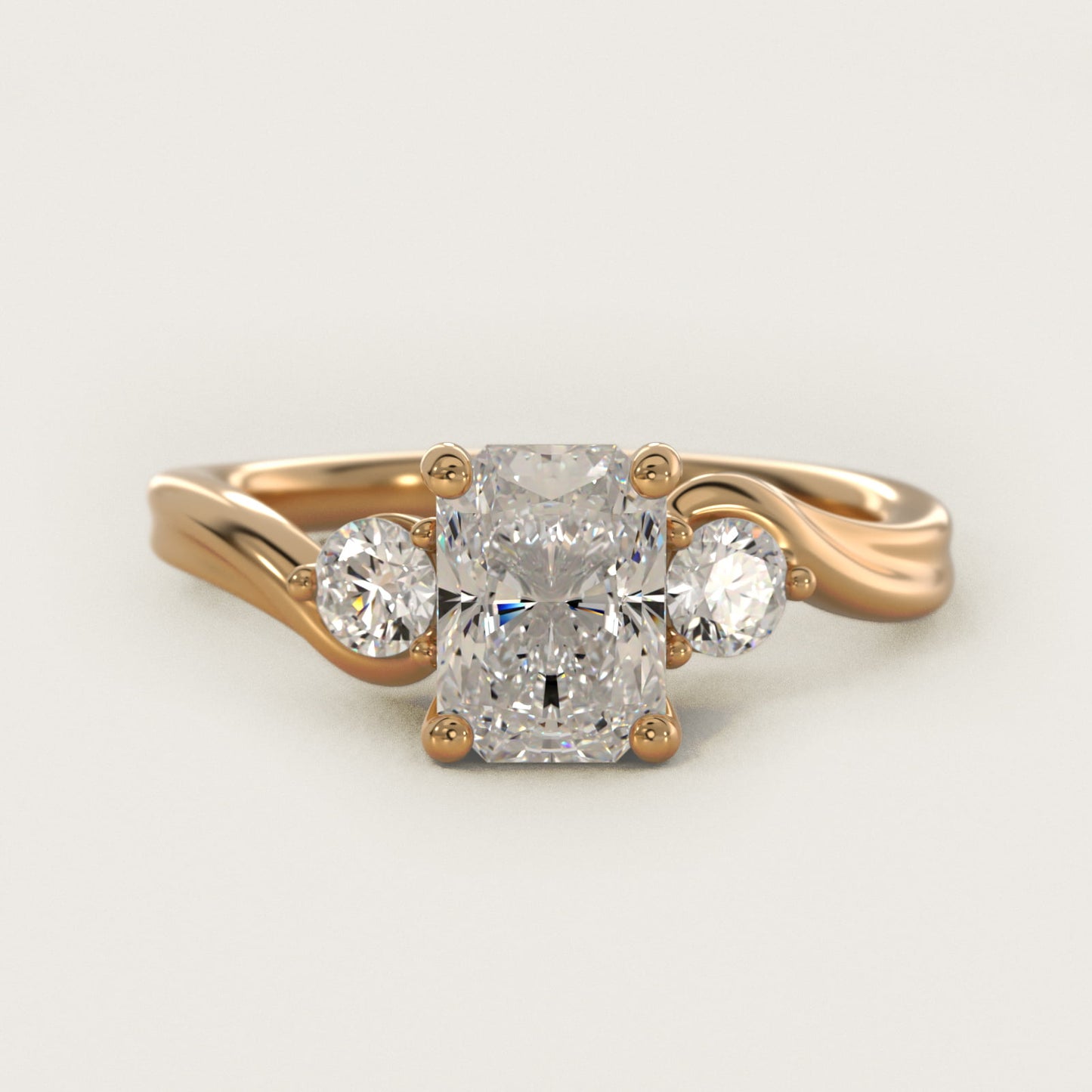 Wrapped Shank Three Stone Diamond Engagement Ring in 14k Yellow Gold - Radiant Center