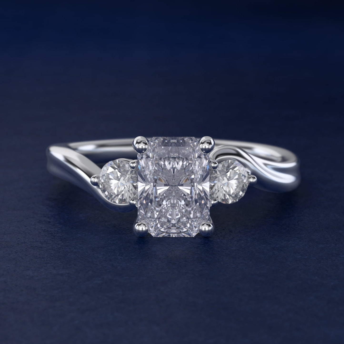 Wrapped Shank Three Stone Diamond Engagement Ring in Platinum - Radiant Center