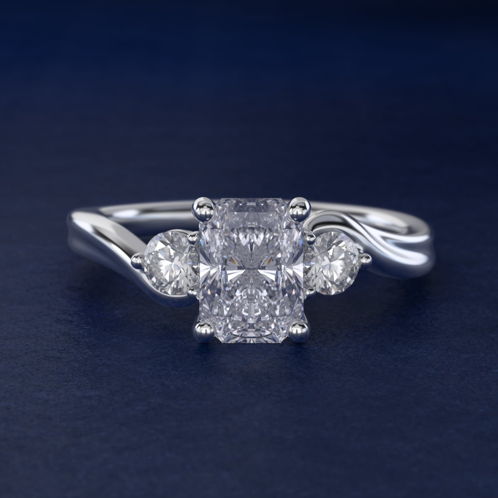 Wrapped Shank Three Stone Diamond Engagement Ring in Platinum - Radiant Center