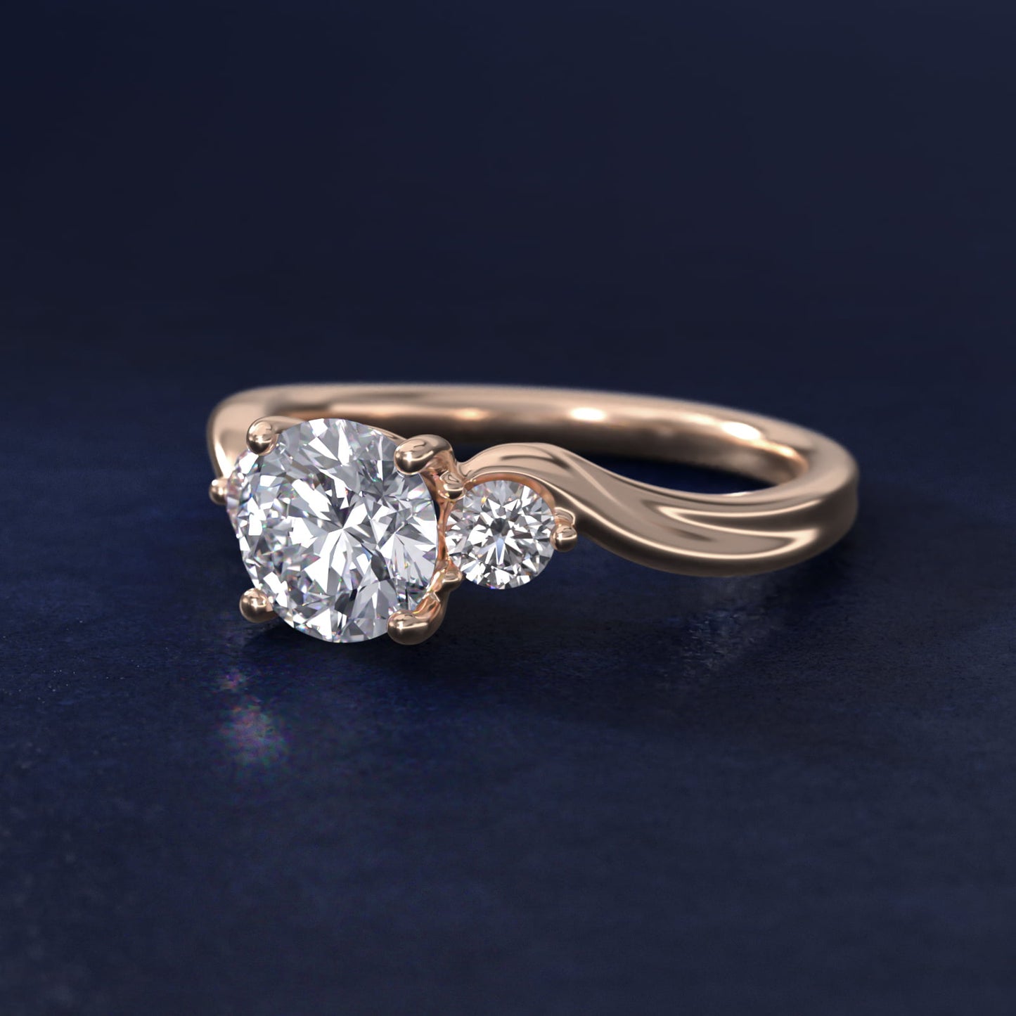 Wrapped Shank Three Stone Diamond Engagement Ring in 14k Rose Gold - Round Center