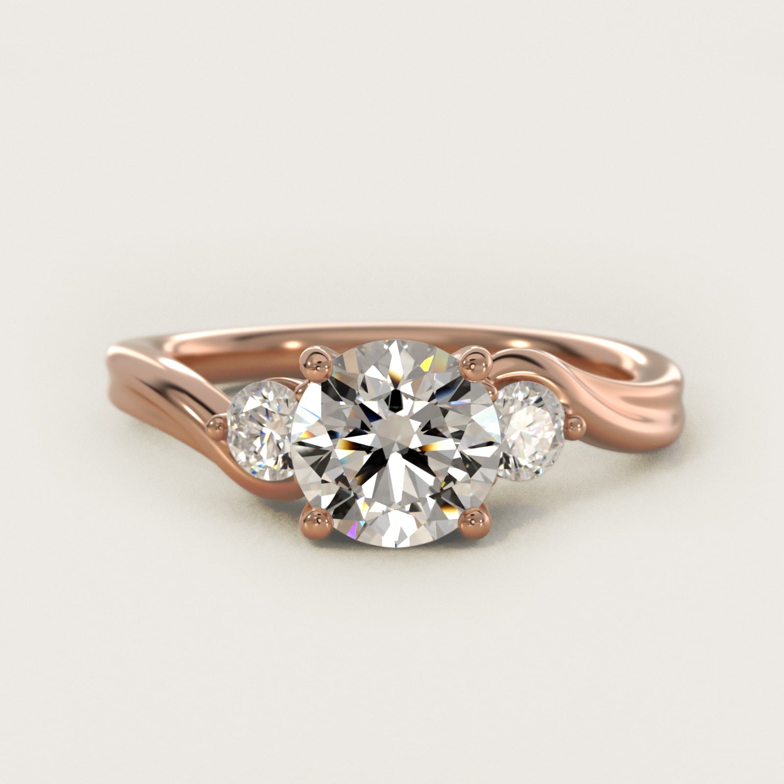 Wrapped Shank Three Stone Diamond Engagement Ring in 14k Rose Gold - Round Center