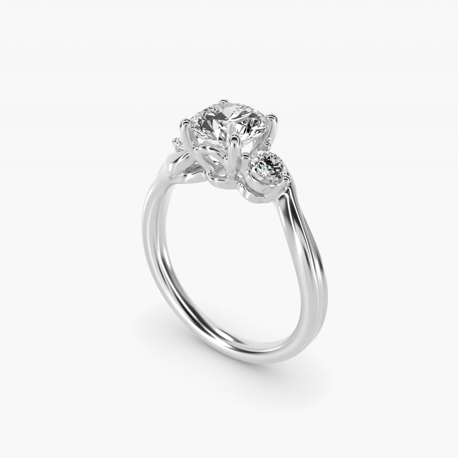 Wrapped Shank Three Stone Diamond Engagement Ring in 14k White Gold - Round Center
