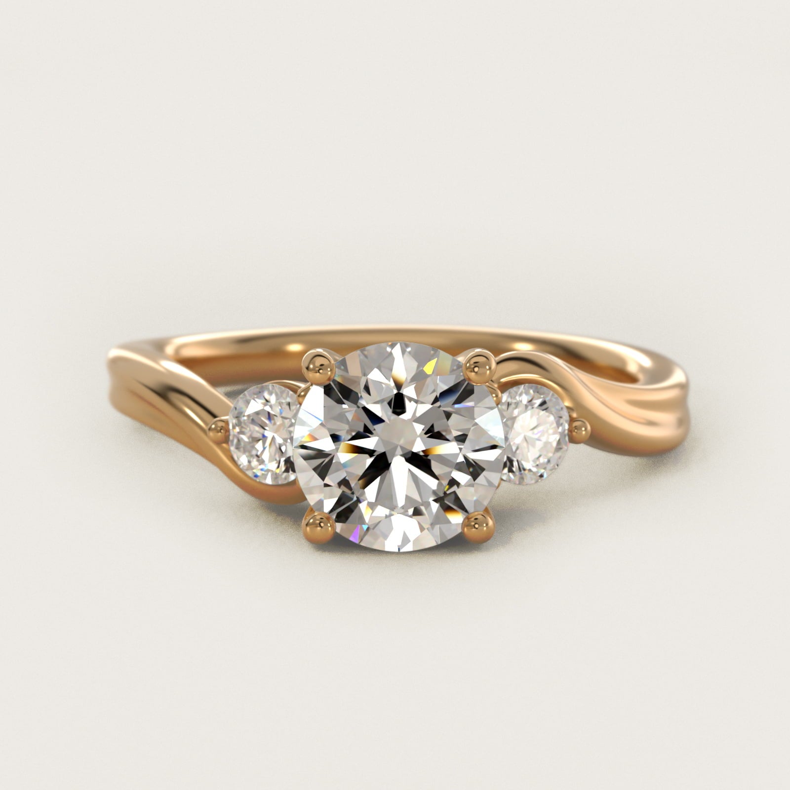 Wrapped Shank Three Stone Diamond Engagement Ring in 14k Yellow Gold - Round Center