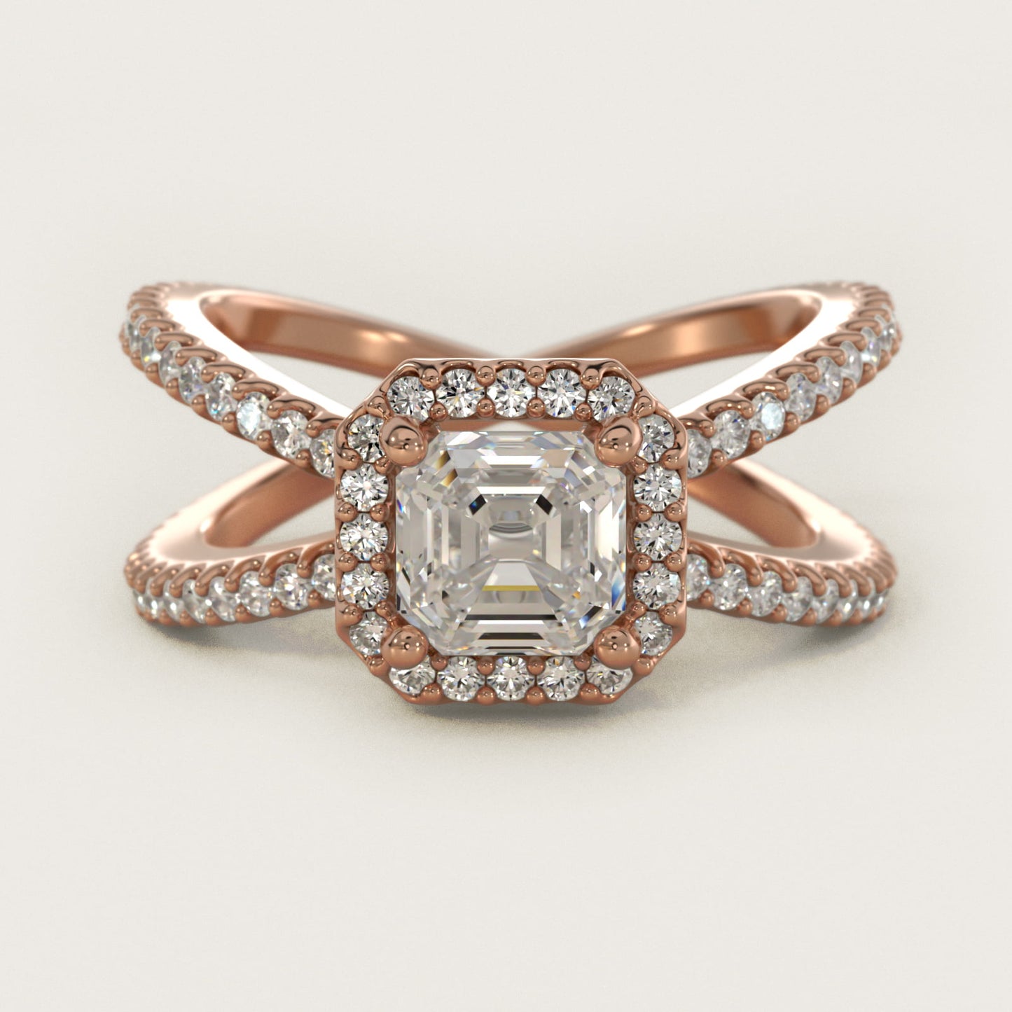 X Split Shank Hidden Halo Diamond Engagement Ring in 18k Rose Gold (1/2 ct. tw.) - Asscher Center