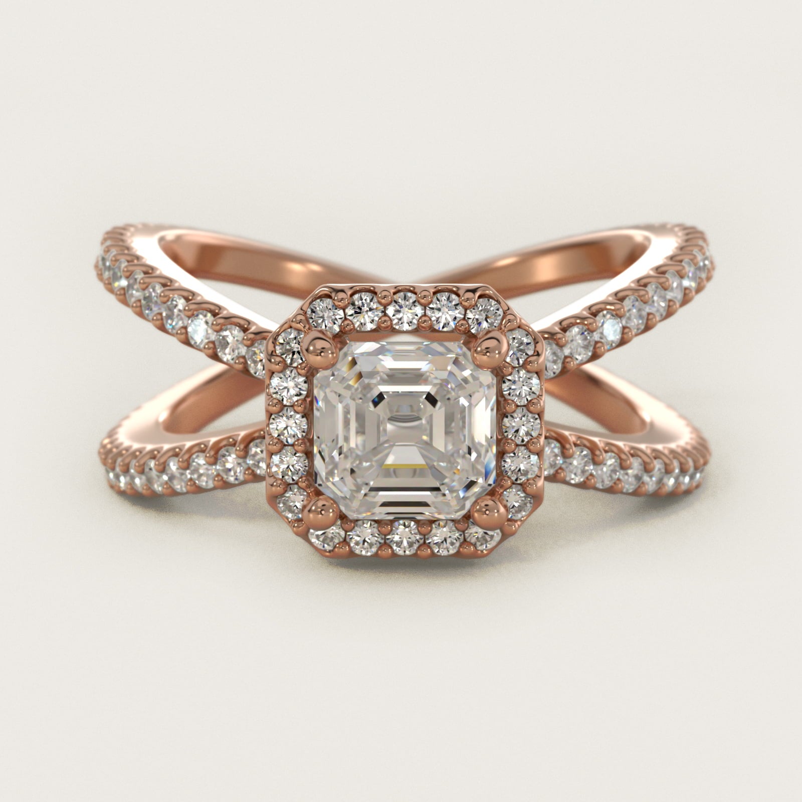 X Split Shank Hidden Halo Diamond Engagement Ring in 18k Rose Gold (1/2 ct. tw.) - Asscher Center