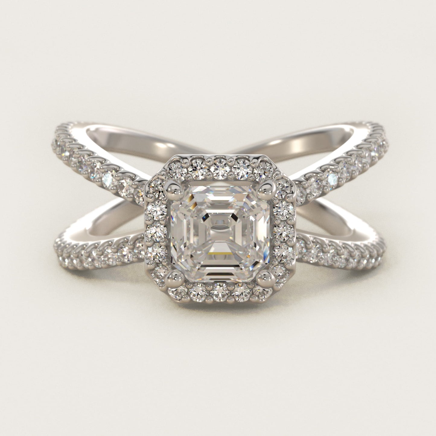 X Split Shank Hidden Halo Diamond Engagement Ring in 18k White Gold (1/2 ct. tw.) - Asscher Center