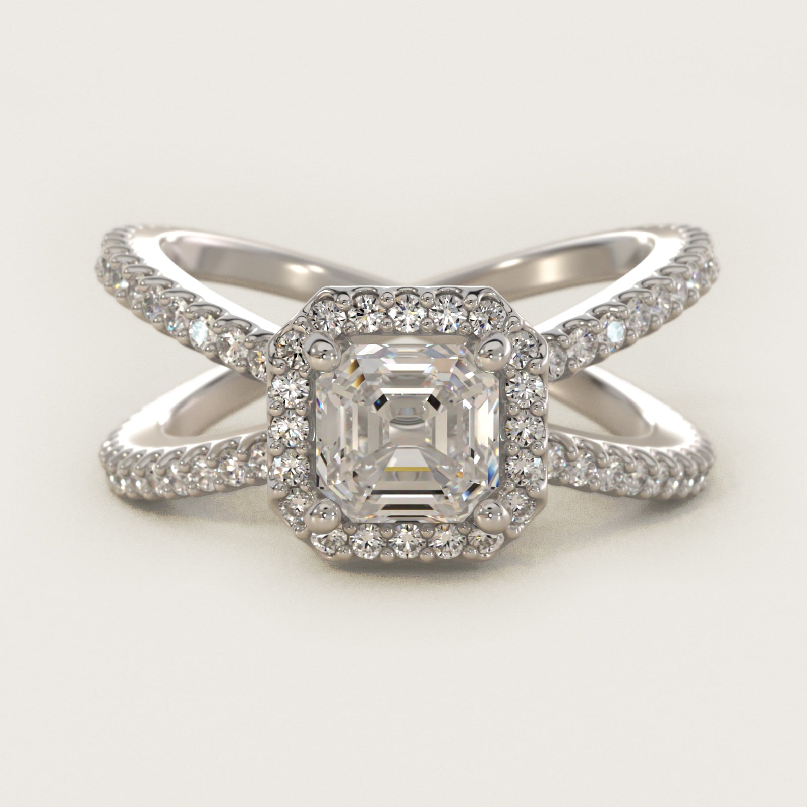 X Split Shank Hidden Halo Diamond Engagement Ring in 18k White Gold (1/2 ct. tw.) - Asscher Center
