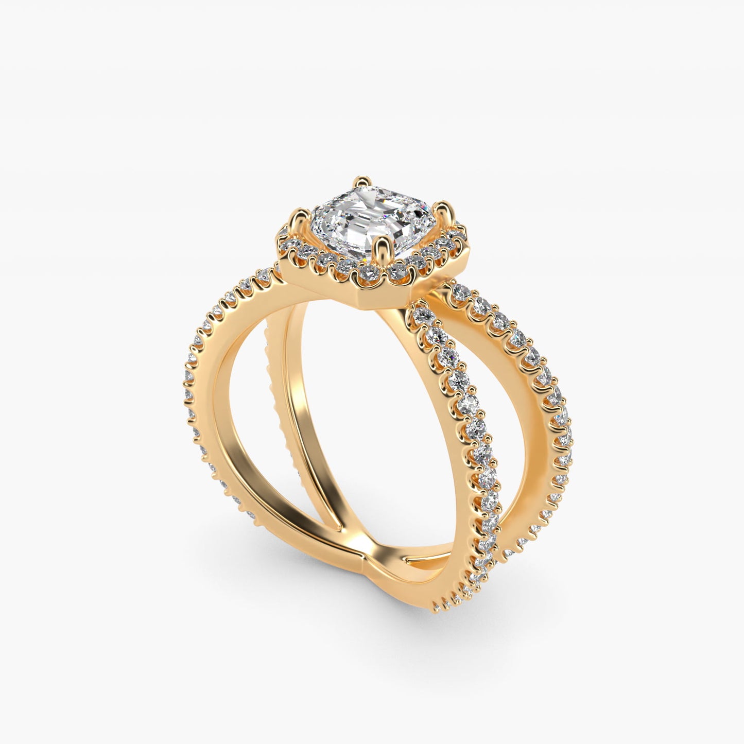 X Split Shank Hidden Halo Diamond Engagement Ring in 14k Yellow Gold (1/2 ct. tw.) - Asscher Center