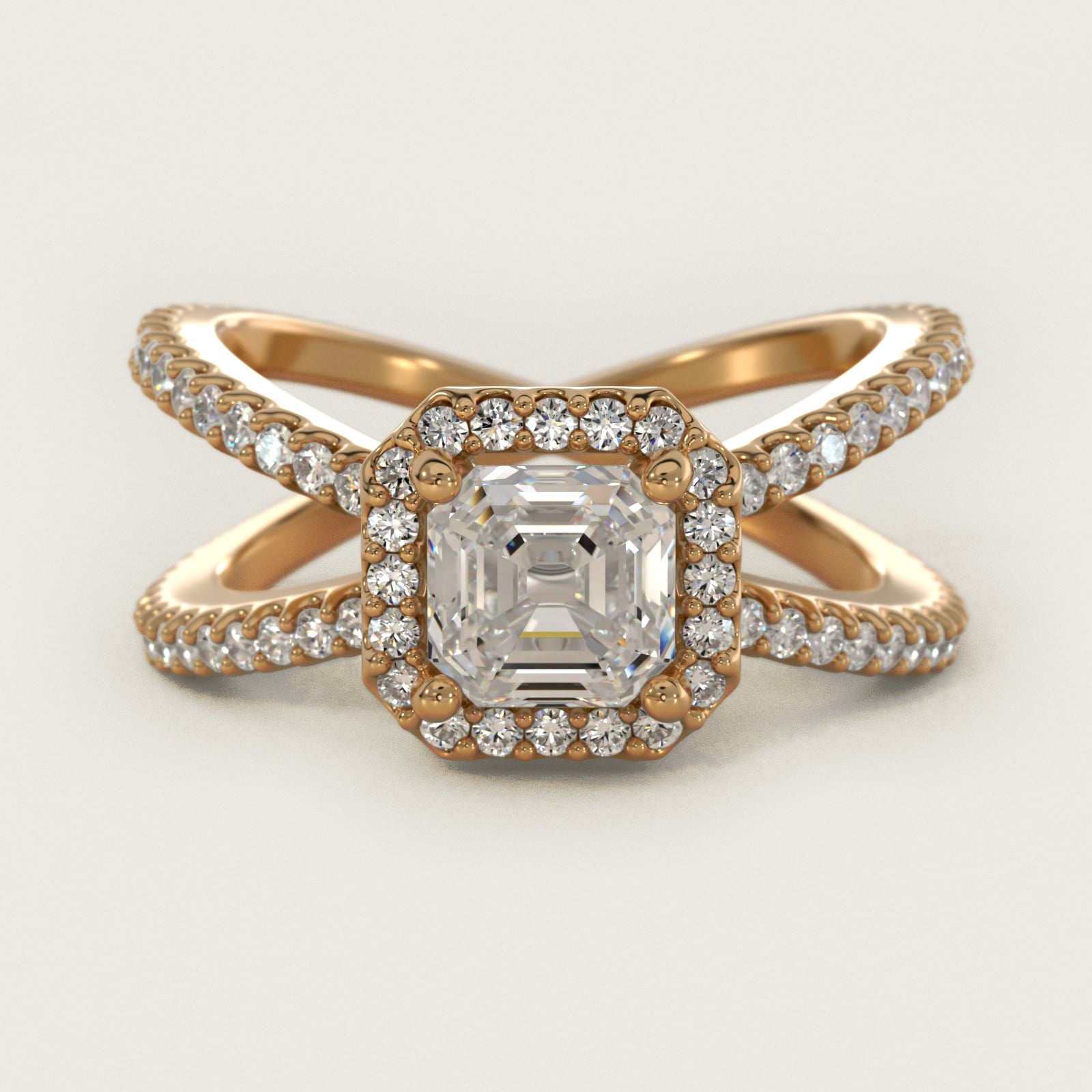 X Split Shank Hidden Halo Diamond Engagement Ring in 14k Yellow Gold (1/2 ct. tw.) - Asscher Center