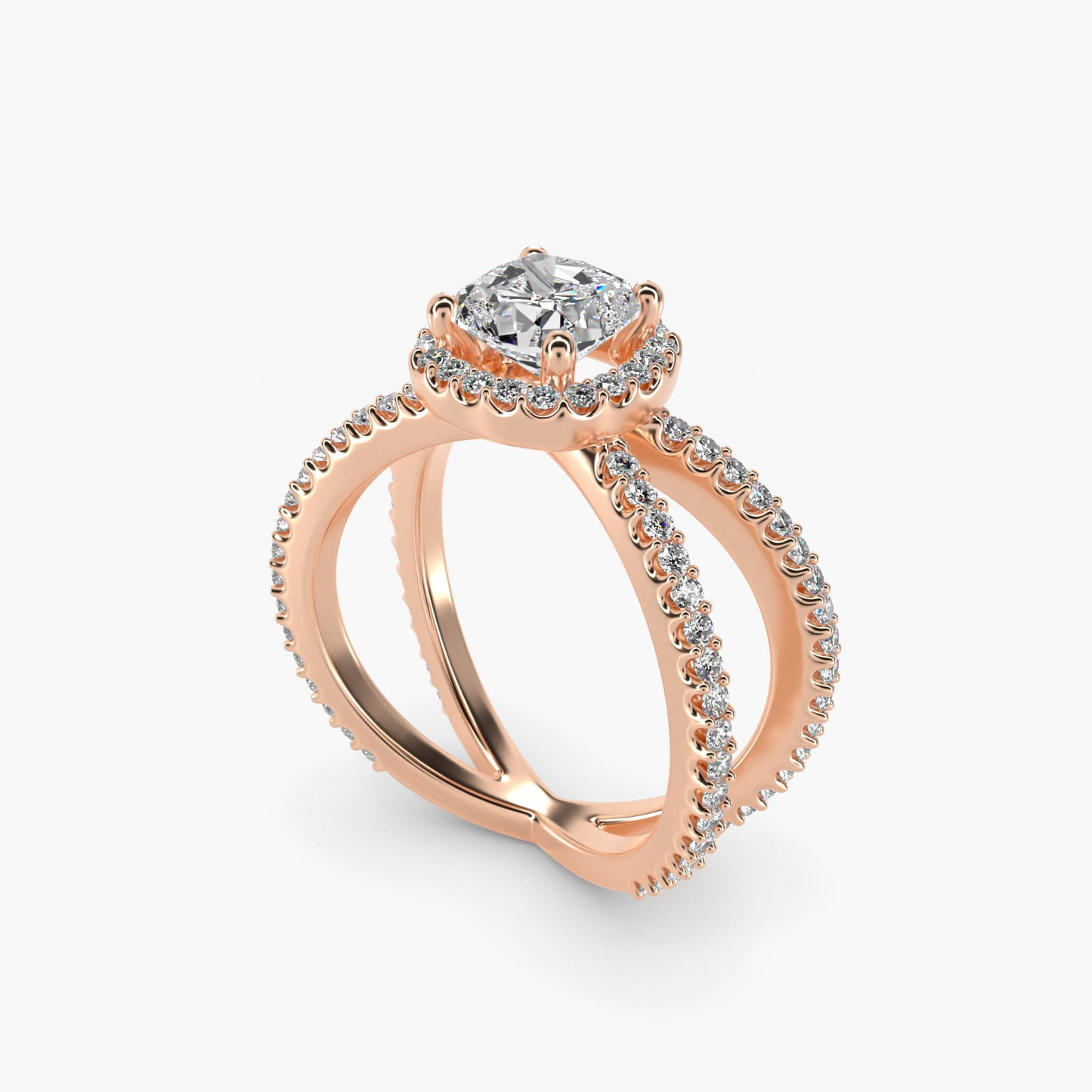 X Split Shank Hidden Halo Diamond Engagement Ring in 18k Rose Gold (1/2 ct. tw.) - Cushion Center