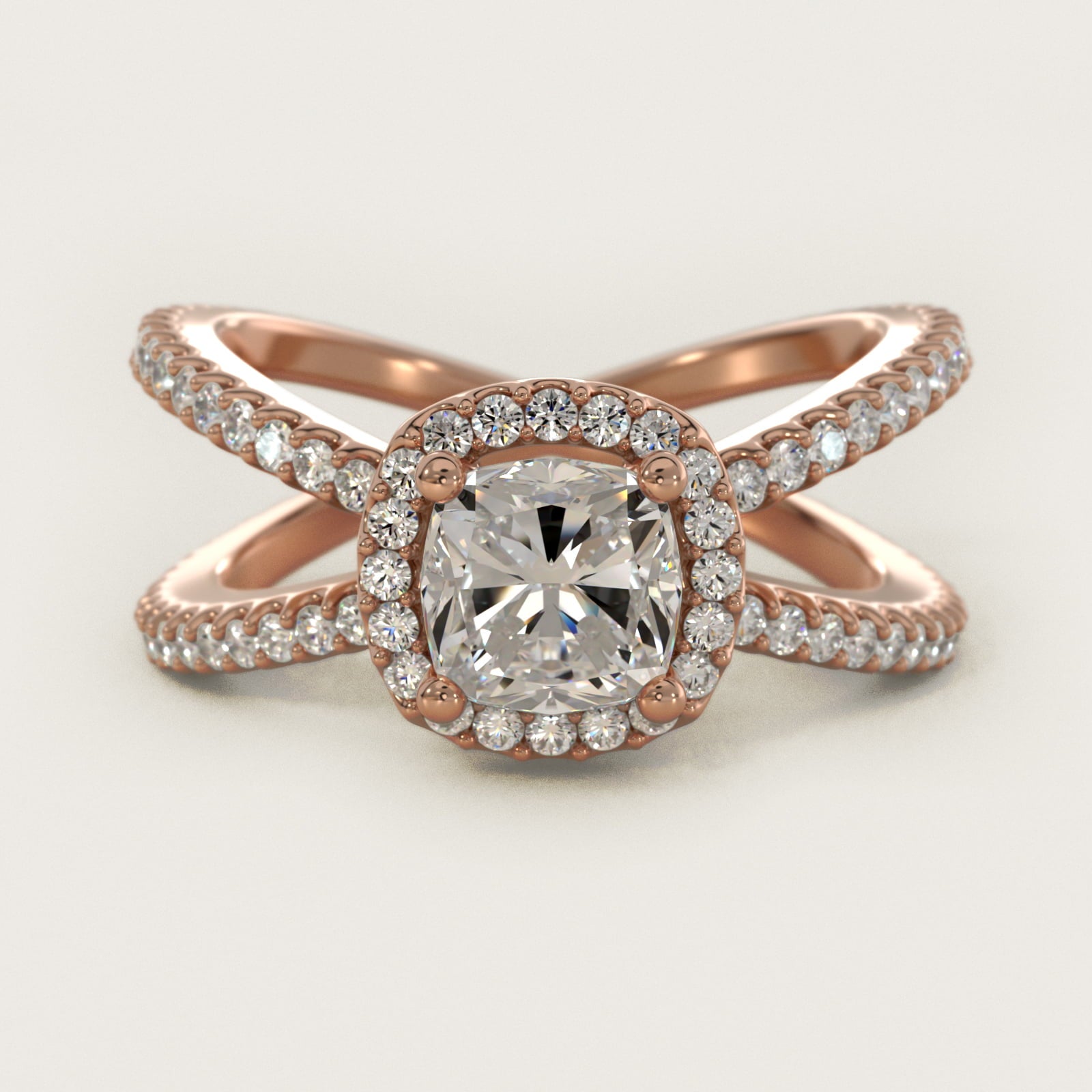 X Split Shank Hidden Halo Diamond Engagement Ring in 14k Rose Gold (1/2 ct. tw.) - Cushion Center