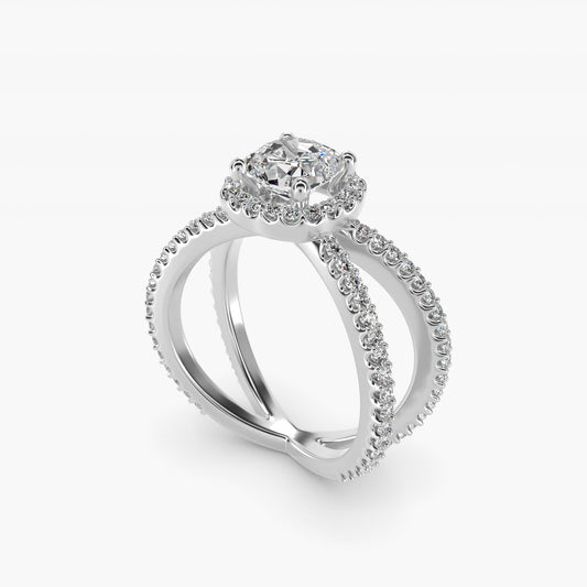 X Split Shank Hidden Halo Diamond Engagement Ring in 18k White Gold (1/2 ct. tw.) - Cushion Center
