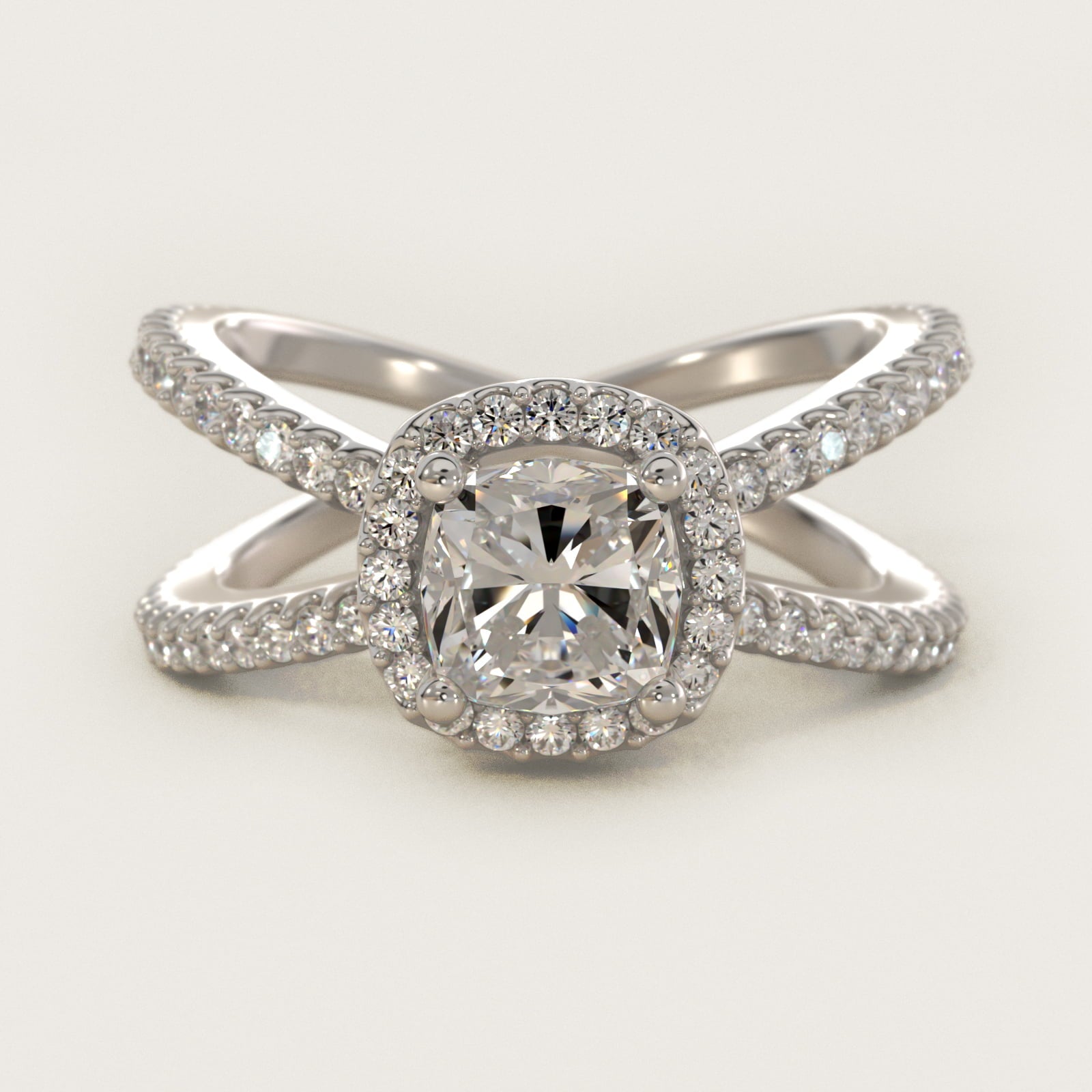X Split Shank Hidden Halo Diamond Engagement Ring in 14k White Gold (1/2 ct. tw.) - Cushion Center