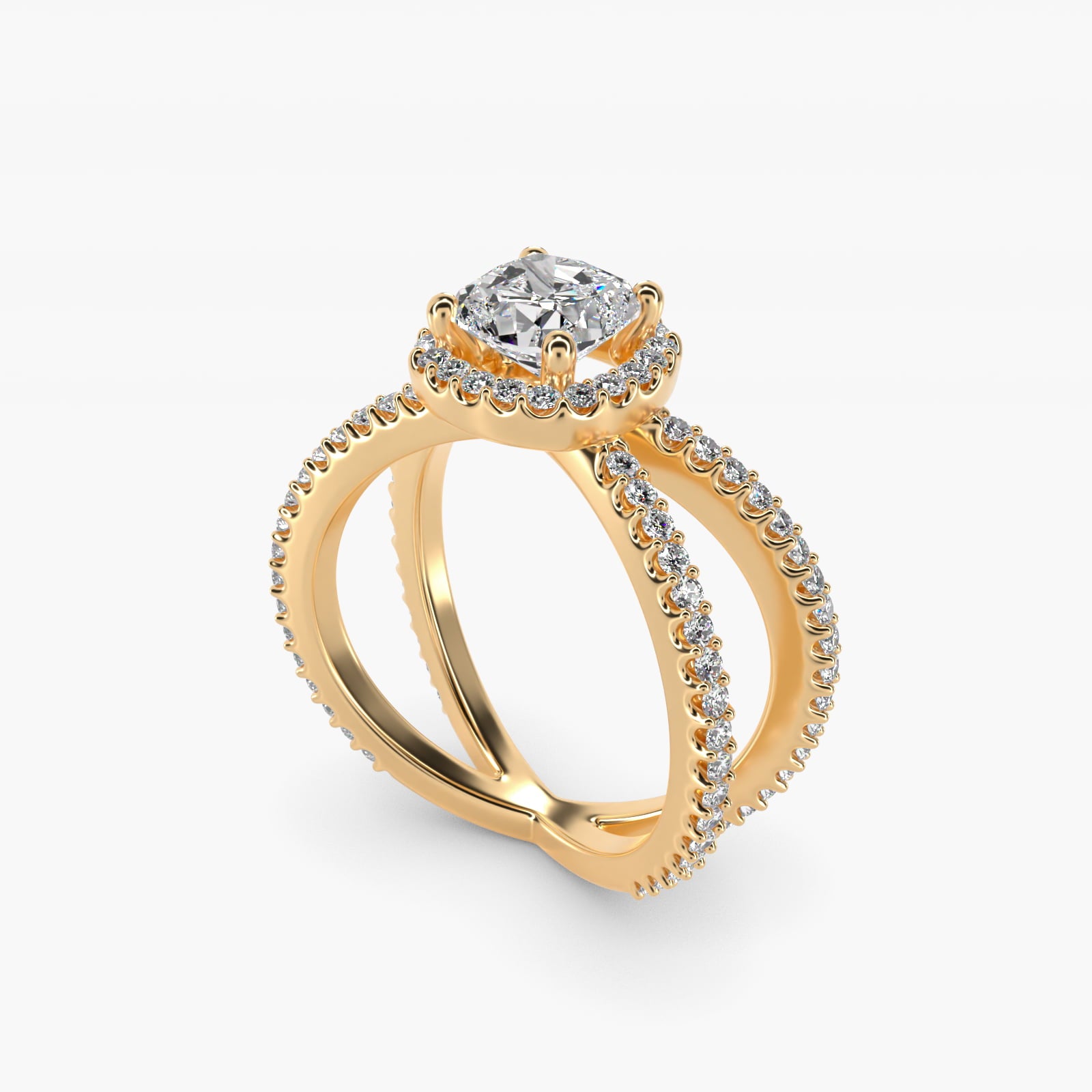 X Split Shank Hidden Halo Diamond Engagement Ring in 14k Yellow Gold (1/2 ct. tw.) - Cushion Center