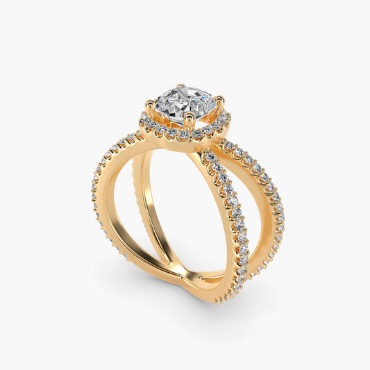X Split Shank Hidden Halo Diamond Engagement Ring in 14k Yellow Gold (1/2 ct. tw.) - Cushion Center