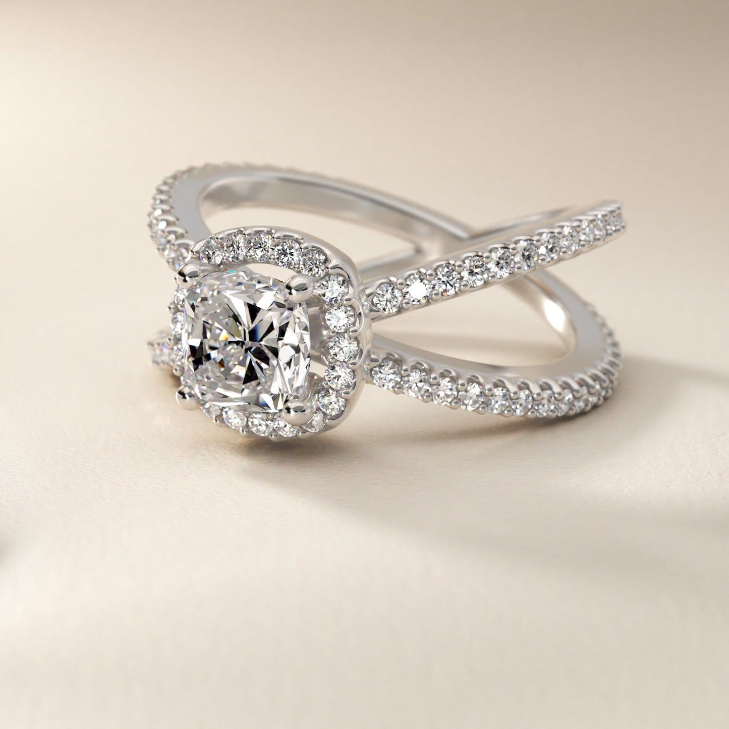 X Split Shank Hidden Halo Diamond Engagement Ring in Platinum (1/2 ct. tw.) - Cushion Center