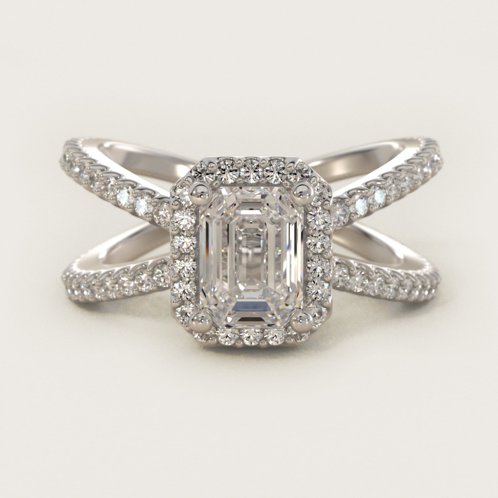 X Split Shank Hidden Halo Diamond Engagement Ring in 18k White Gold (1/2 ct. tw.) - Emerald Center