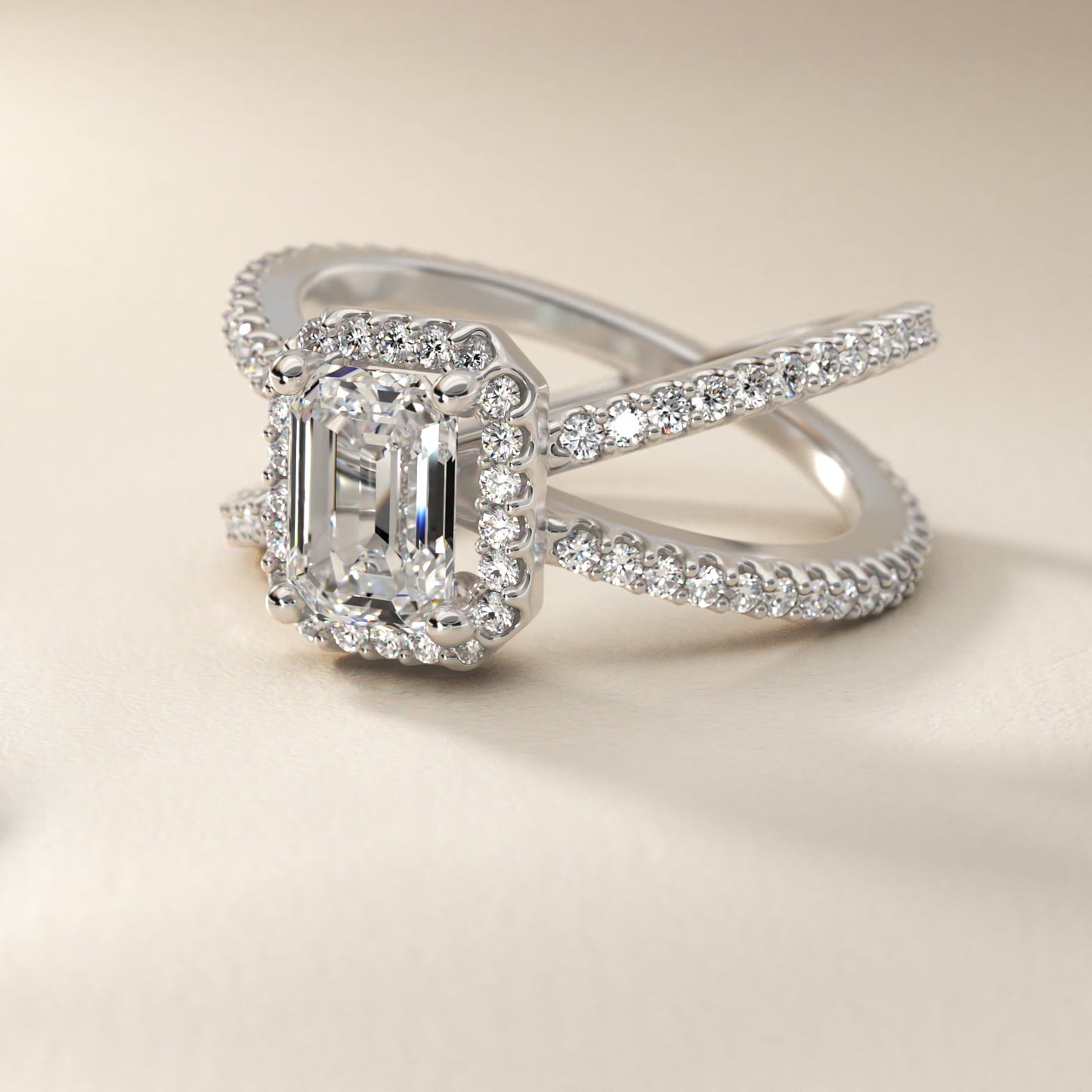 X Split Shank Hidden Halo Diamond Engagement Ring in 14k White Gold (1/2 ct. tw.) - Emerald Center