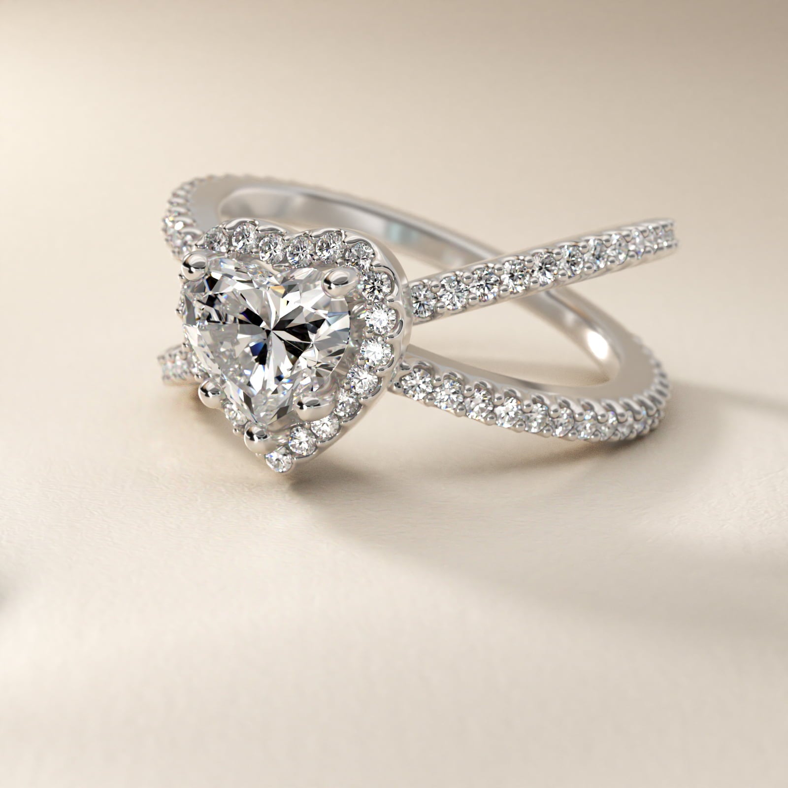 X Split Shank Hidden Halo Diamond Engagement Ring in 14k White Gold (1/2 ct. tw.) - Heart Center