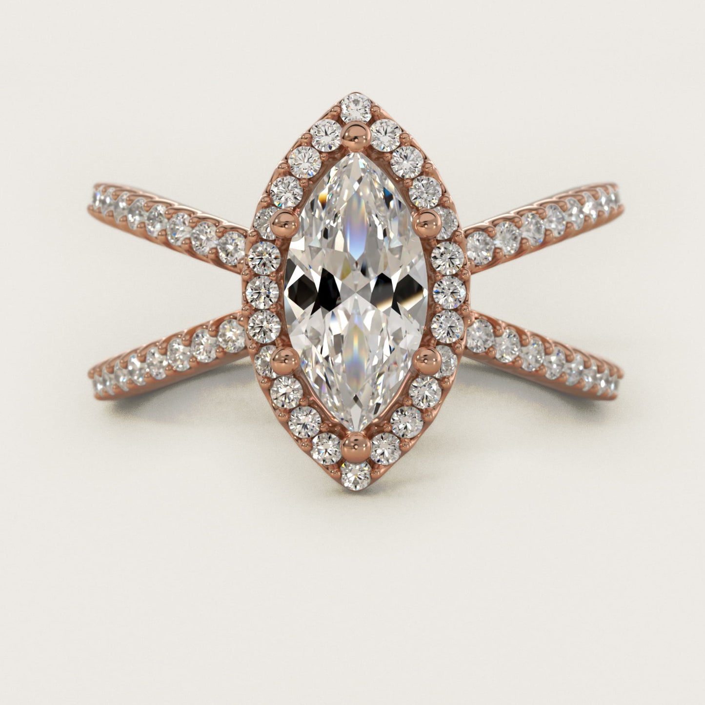X Split Shank Hidden Halo Diamond Engagement Ring in 14k Rose Gold (1/2 ct. tw.) - Marquise Center