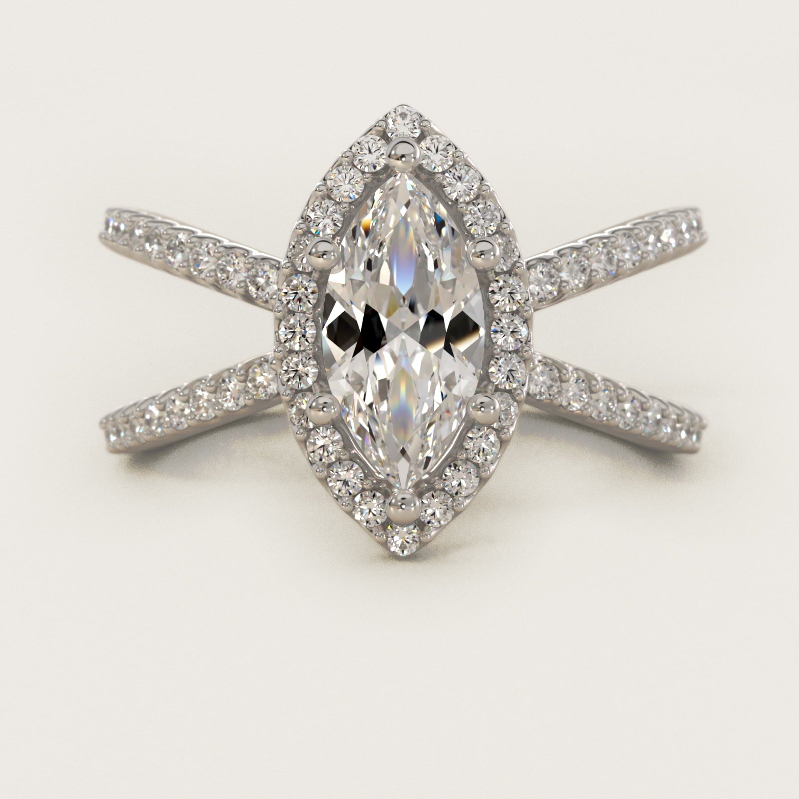 X Split Shank Hidden Halo Diamond Engagement Ring in 18k White Gold (1/2 ct. tw.) - Marquise Center