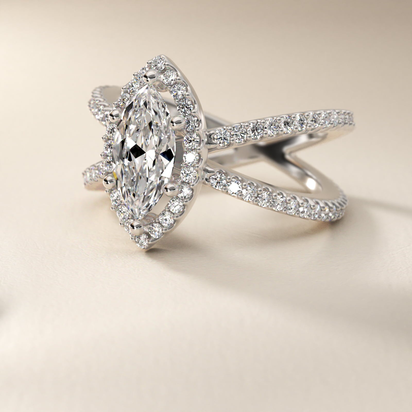 X Split Shank Hidden Halo Diamond Engagement Ring in 18k White Gold (1/2 ct. tw.) - Marquise Center