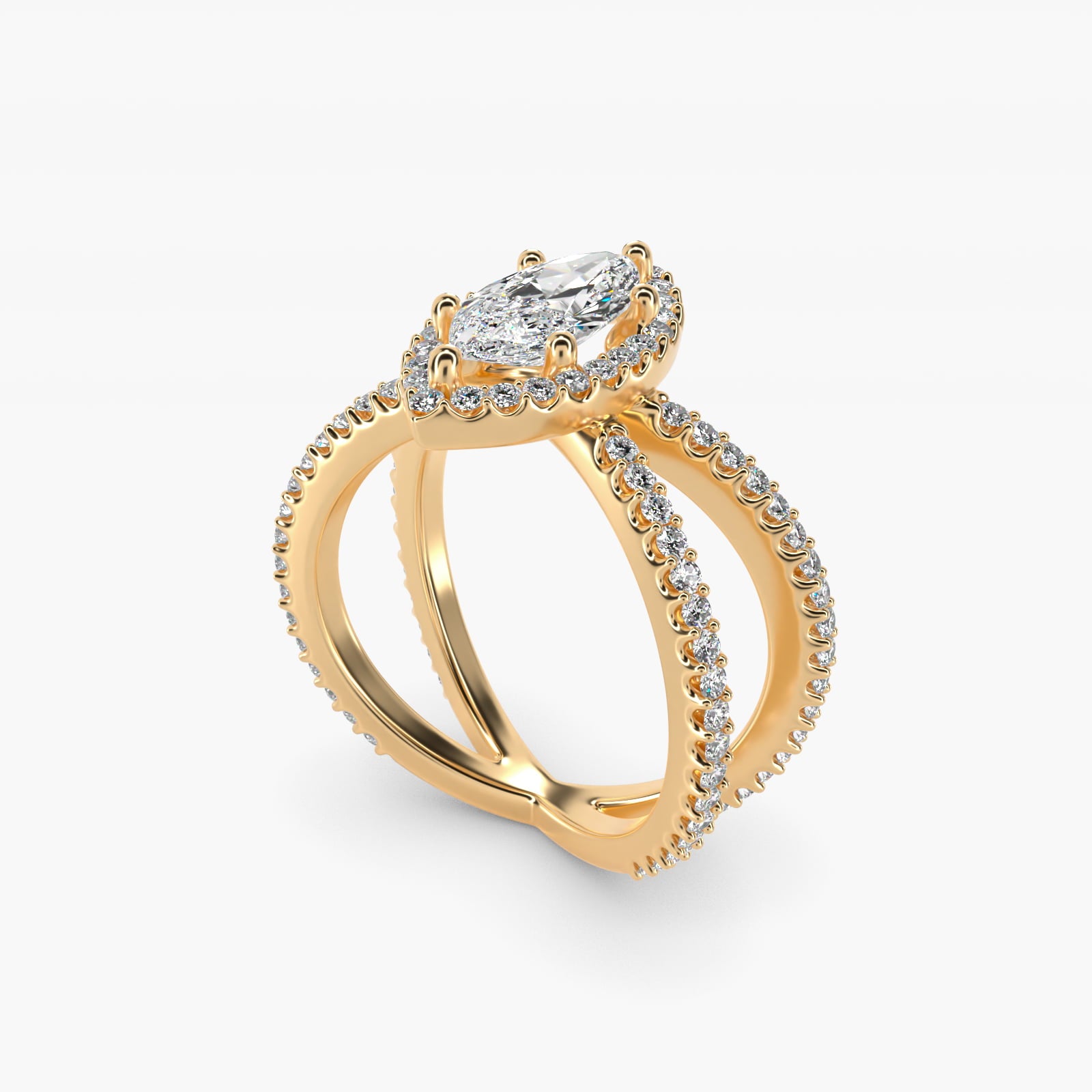 X Split Shank Hidden Halo Diamond Engagement Ring in 14k Yellow Gold (1/2 ct. tw.) - Marquise Center