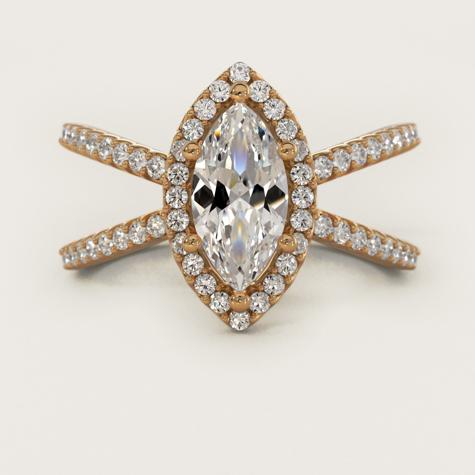 X Split Shank Hidden Halo Diamond Engagement Ring in 14k Yellow Gold (1/2 ct. tw.) - Marquise Center