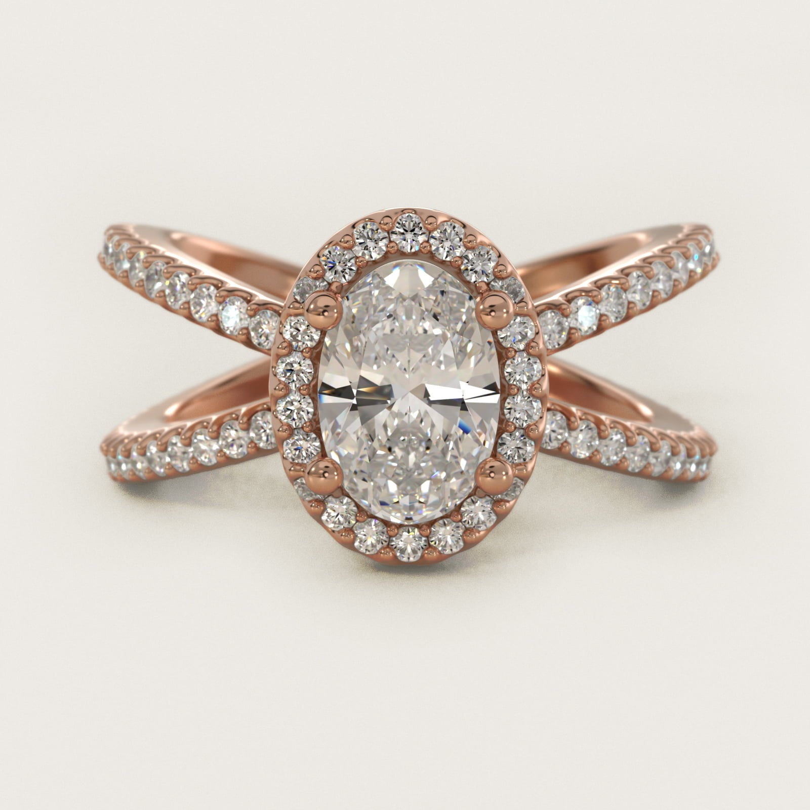 X Split Shank Hidden Halo Diamond Engagement Ring in 14k Rose Gold (1/2 ct. tw.) - Oval Center