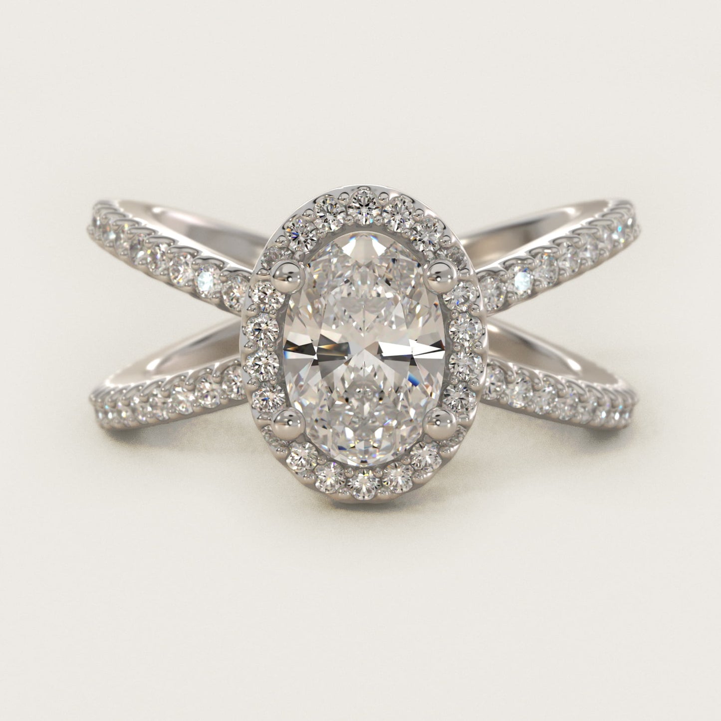 X Split Shank Hidden Halo Diamond Engagement Ring in 18k White Gold (1/2 ct. tw.) - Oval Center