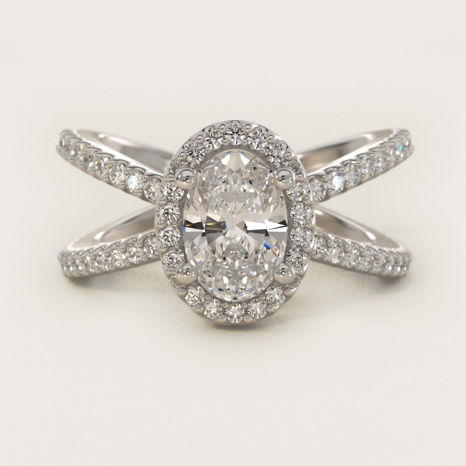X Split Shank Hidden Halo Diamond Engagement Ring in 18k White Gold (1/2 ct. tw.) - Oval Center