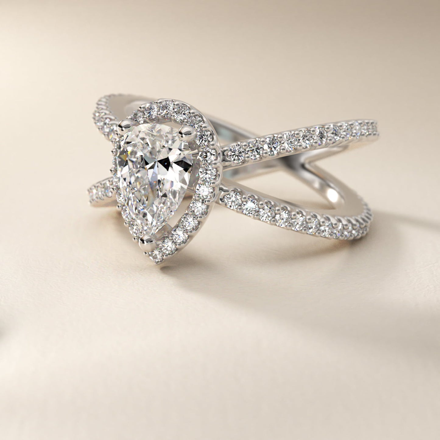X Split Shank Hidden Halo Diamond Engagement Ring in Platinum (1/2 ct. tw.) - Pear Center