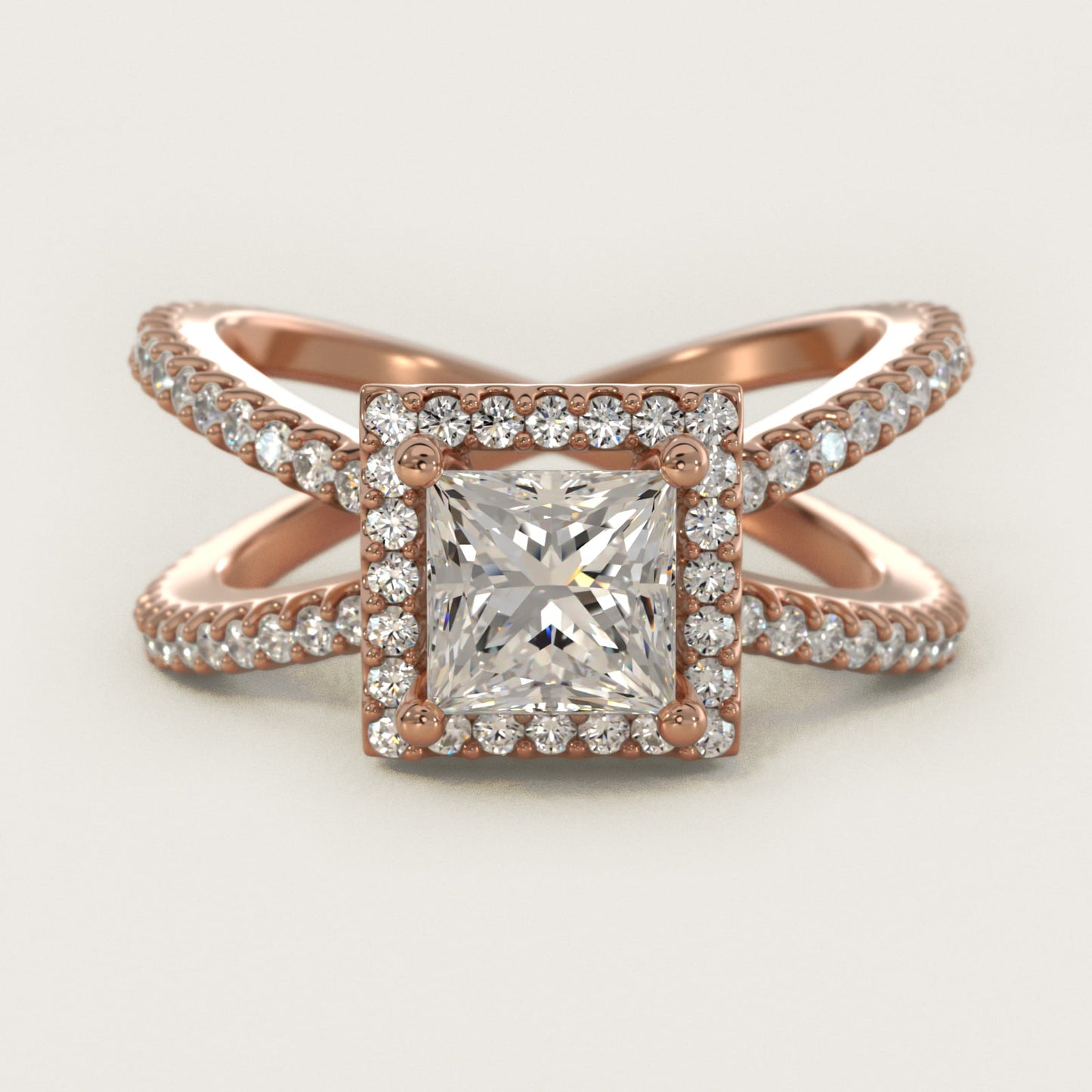 X Split Shank Hidden Halo Diamond Engagement Ring in 14k Rose Gold (1/2 ct. tw.) - Princess Center