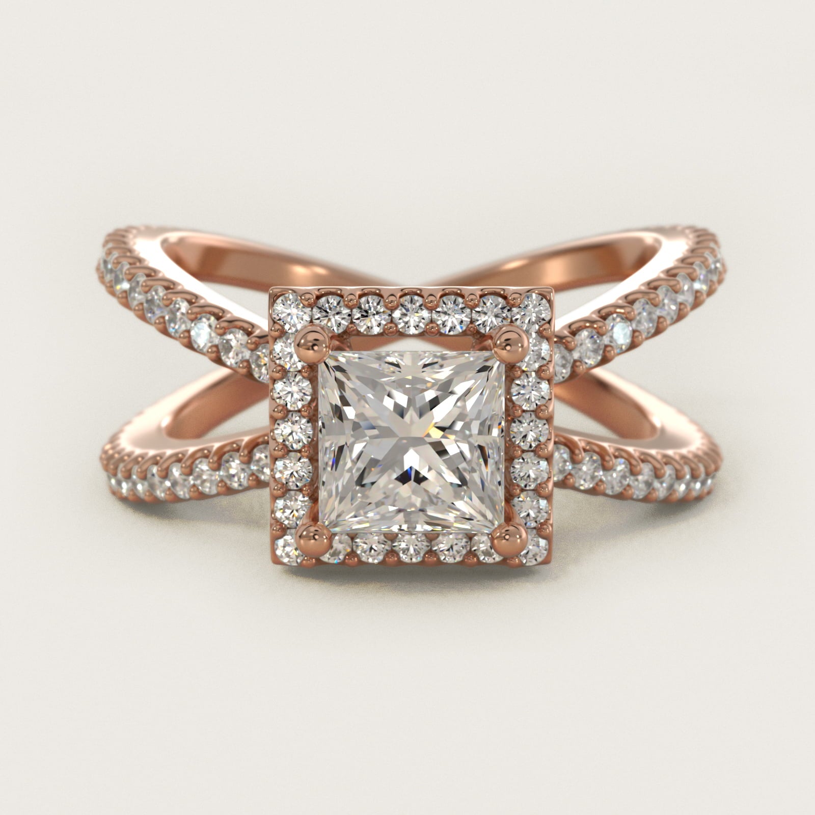 X Split Shank Hidden Halo Diamond Engagement Ring in 18k Rose Gold (1/2 ct. tw.) - Princess Center