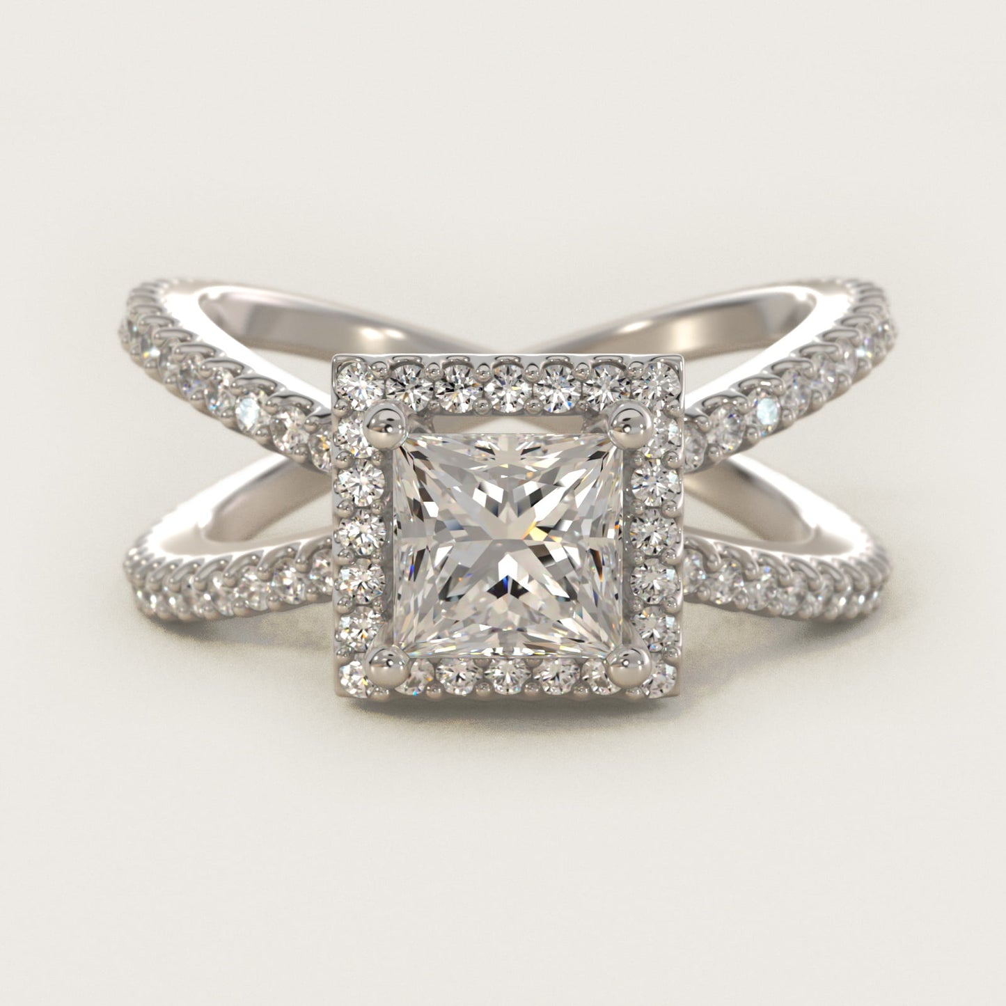 X Split Shank Hidden Halo Diamond Engagement Ring in 18k White Gold (1/2 ct. tw.) - Princess Center