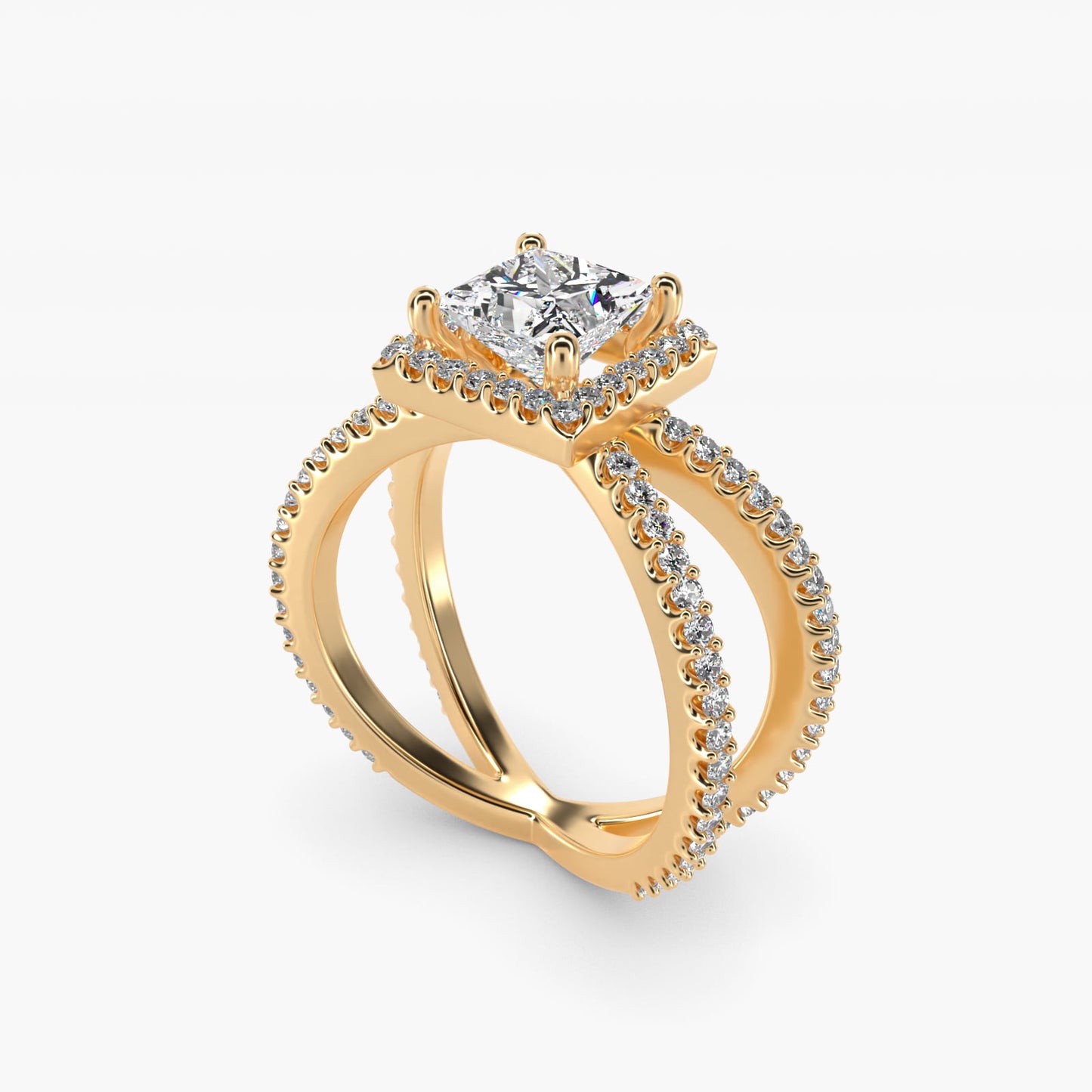X Split Shank Hidden Halo Diamond Engagement Ring in 18k Yellow Gold (1/2 ct. tw.) - Princess Center