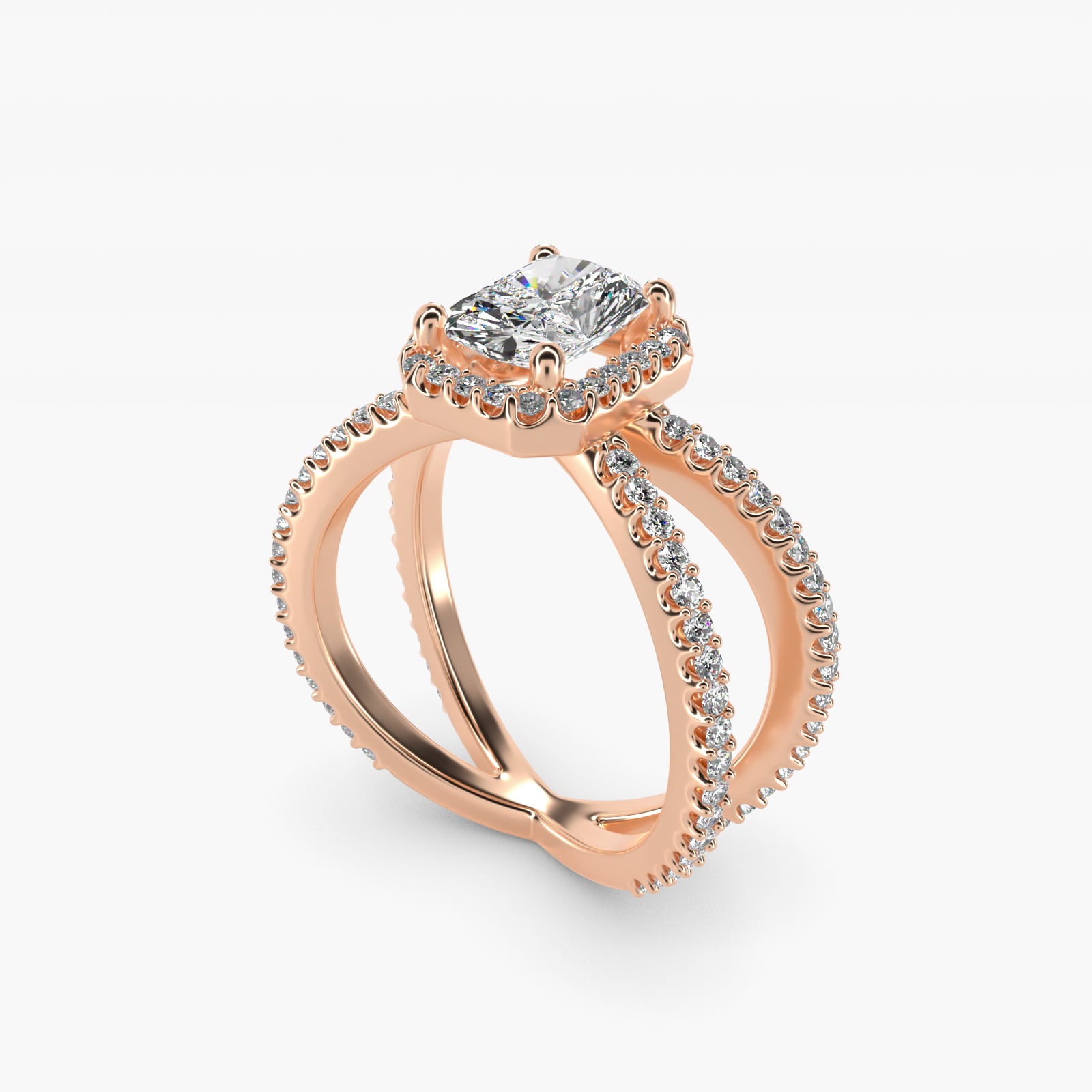 X Split Shank Hidden Halo Diamond Engagement Ring in 14k Rose Gold (1/2 ct. tw.) - Radiant Center