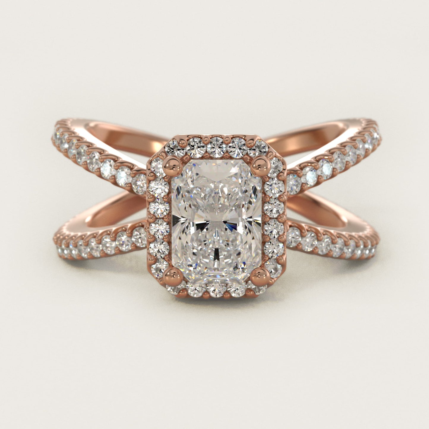 X Split Shank Hidden Halo Diamond Engagement Ring in 14k Rose Gold (1/2 ct. tw.) - Radiant Center