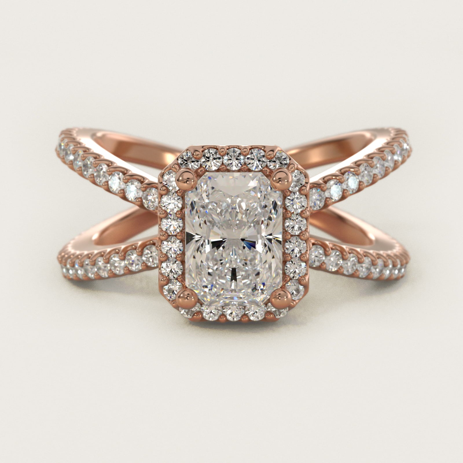 X Split Shank Hidden Halo Diamond Engagement Ring in 14k Rose Gold (1/2 ct. tw.) - Radiant Center