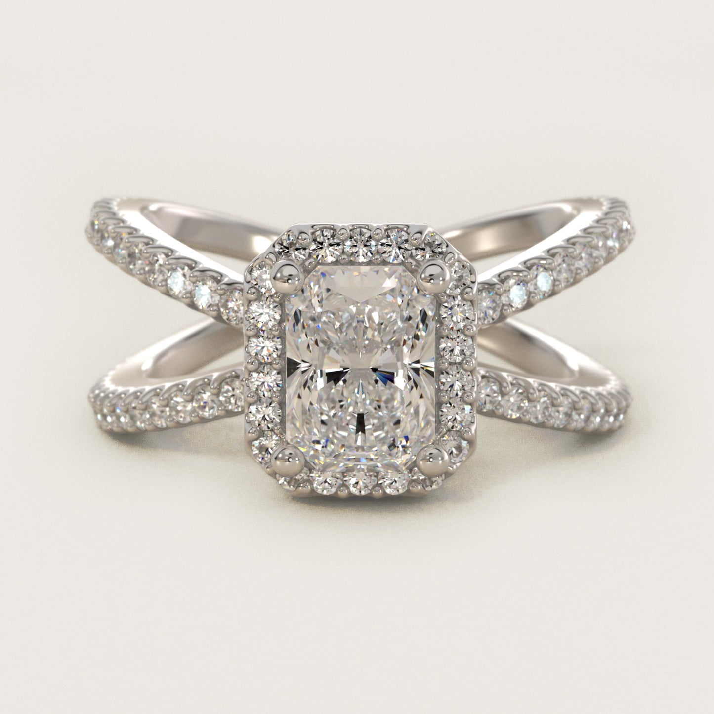 X Split Shank Hidden Halo Diamond Engagement Ring in 14k White Gold (1/2 ct. tw.) - Radiant Center