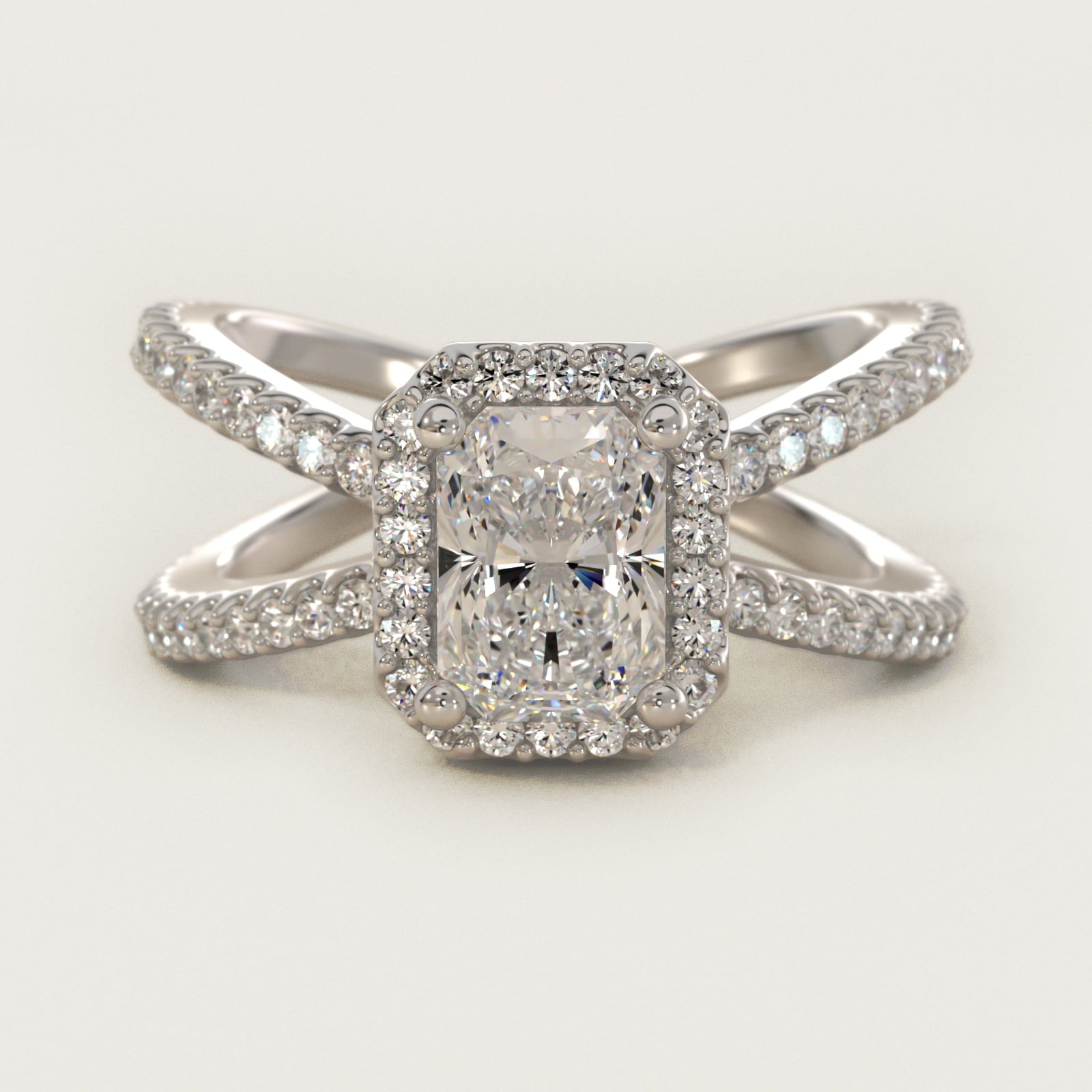 X Split Shank Hidden Halo Diamond Engagement Ring in 14k White Gold (1/2 ct. tw.) - Radiant Center