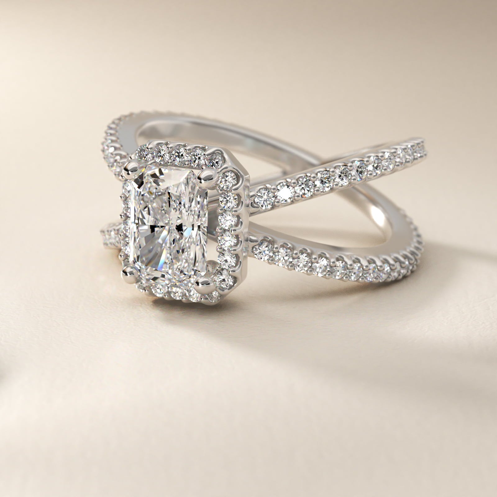X Split Shank Hidden Halo Diamond Engagement Ring in 14k White Gold (1/2 ct. tw.) - Radiant Center