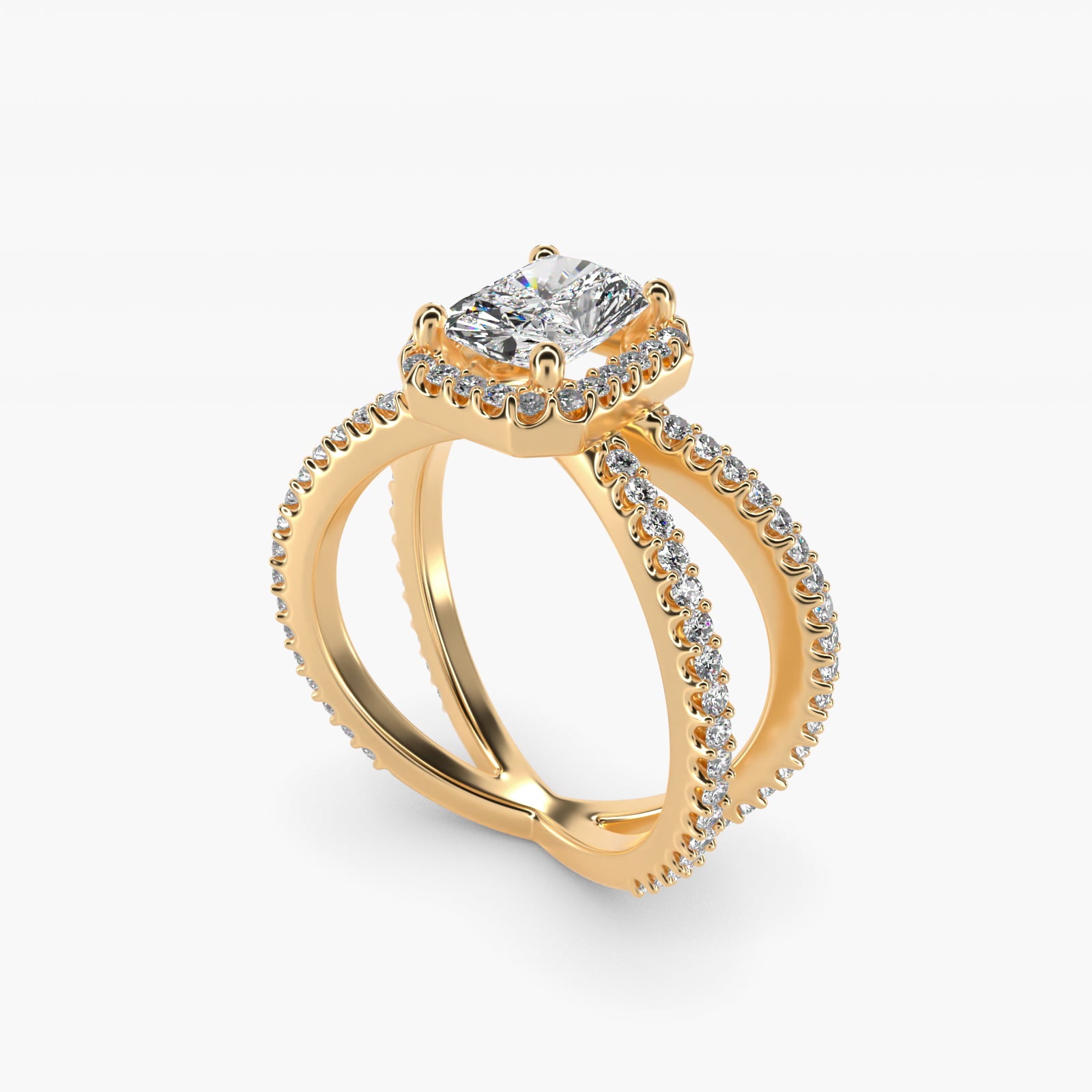 X Split Shank Hidden Halo Diamond Engagement Ring in 14k Yellow Gold (1/2 ct. tw.) - Radiant Center