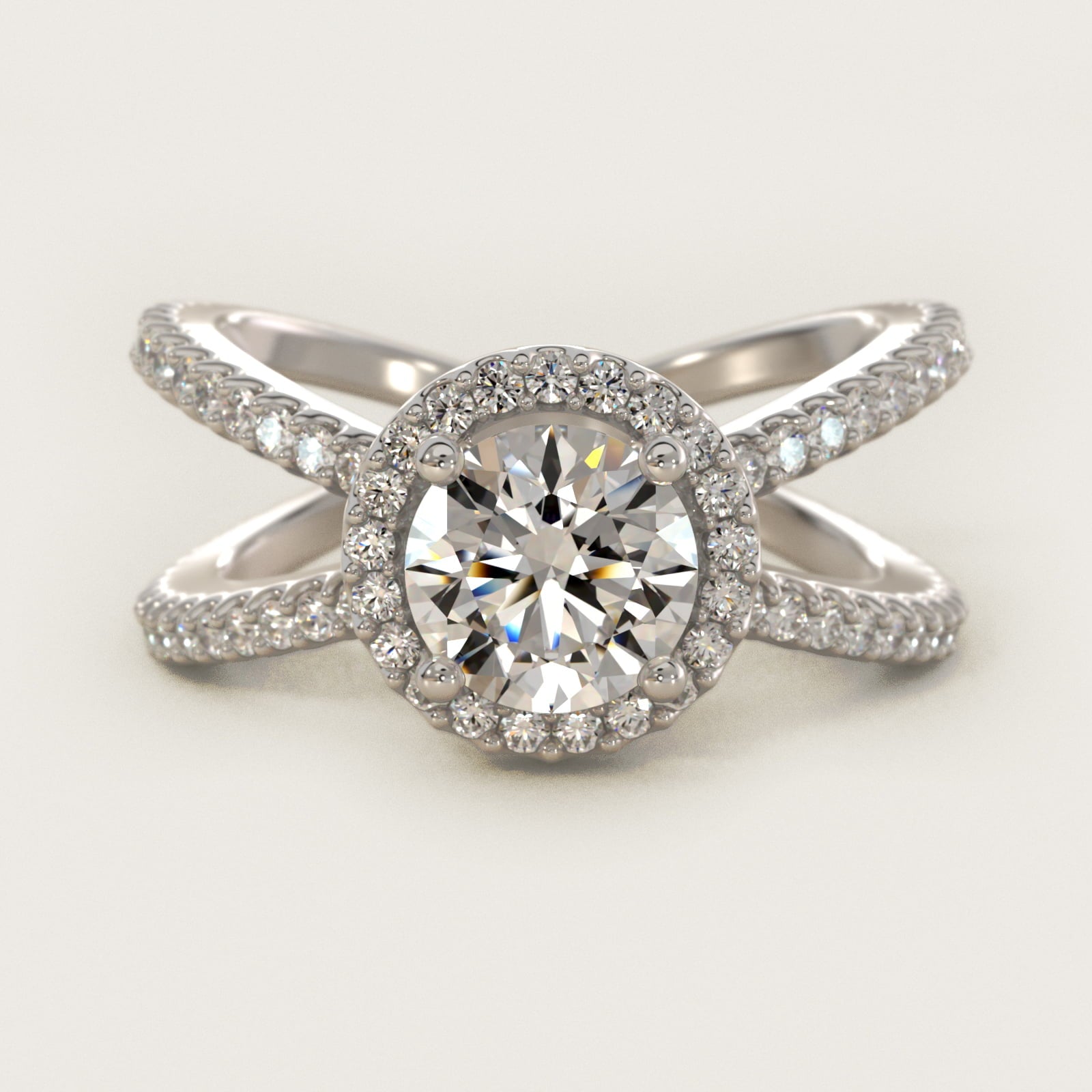 X Split Shank Hidden Halo Diamond Engagement Ring in 18k White Gold (1/2 ct. tw.) - Round Center