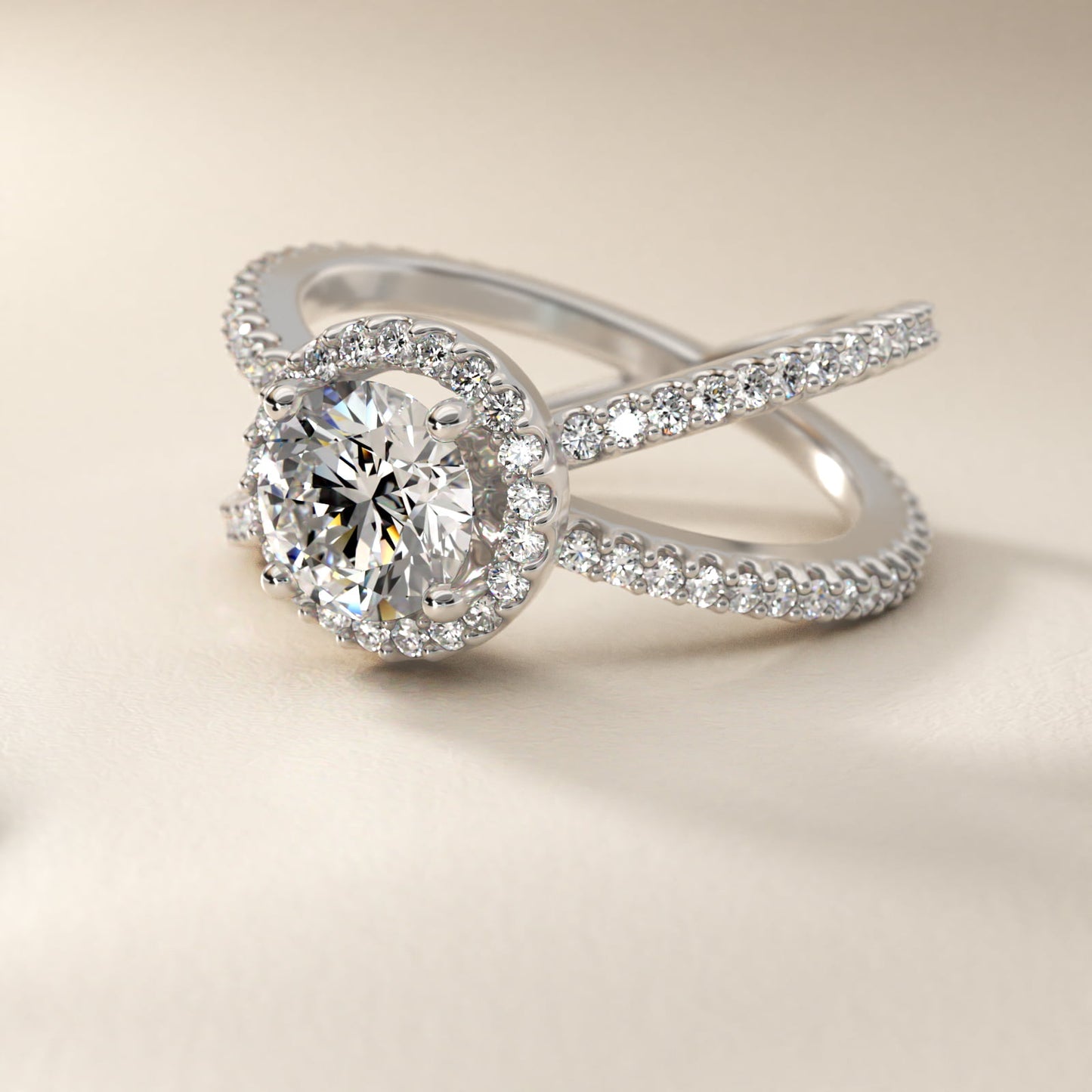 X Split Shank Hidden Halo Diamond Engagement Ring in 18k White Gold (1/2 ct. tw.) - Round Center